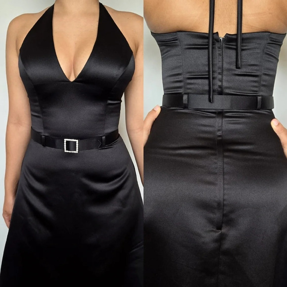 Scott McClintoch Vintage Black Tie Satin Gown‎ Rhinestone Buckle Belted Size 8 - Picture 5 of 15